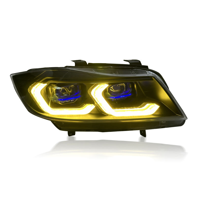 Vekto dual color LED headlights assembly for BMW 3 Series E90, front view showing sleek design and bright LED light elements.