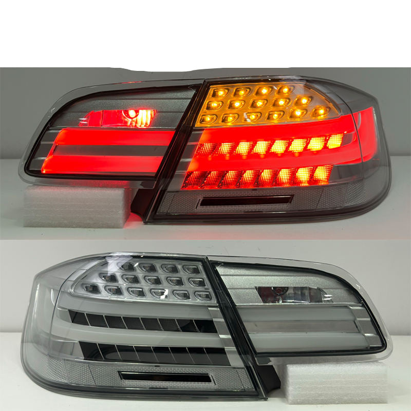 Clear LED taillights for BMW 3 Series E92 coupe, model years 2006-2012, by Vekto, showing sleek, modern tail light design.