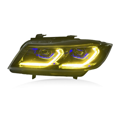 Vekto dual-color LED headlights for BMW 3 Series E90/E91 2005-2012, showing bright LED light and headlight design.