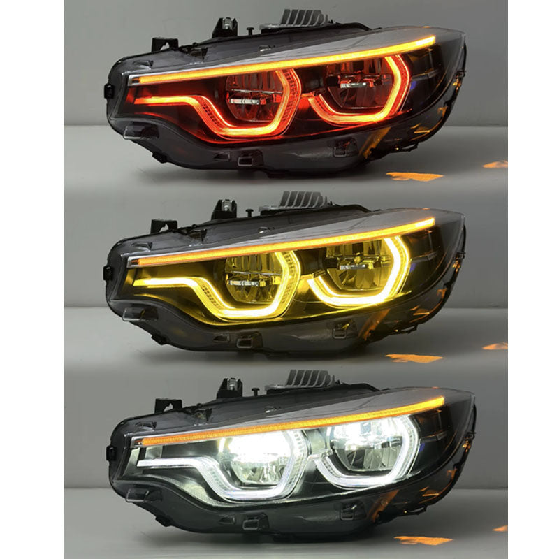 Vekto V3 IKON triple-color LED headlights for BMW F32, F33, F36, F80, and F82 models showing the headlight design and color options.
