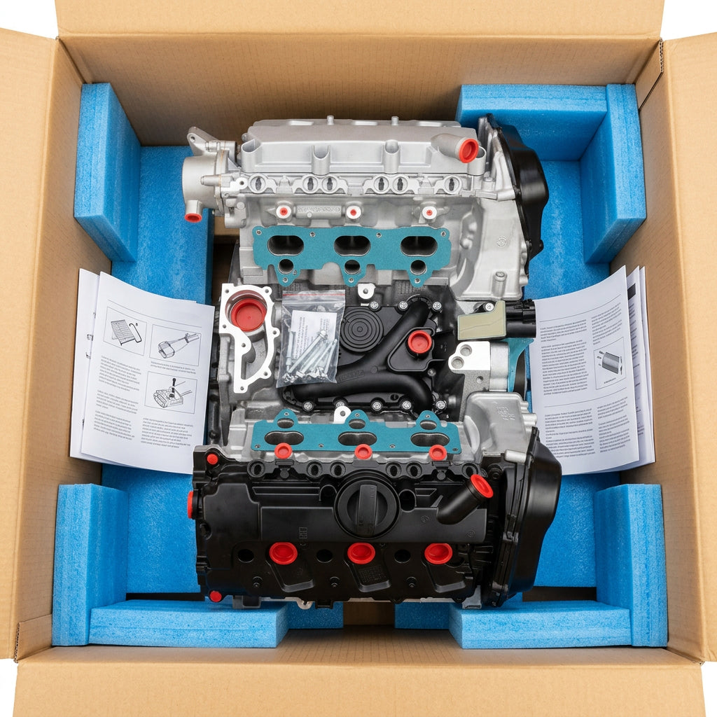 A used silver and black automotive engine block with a light blue valve cover and gaskets, photographed inside a brown cardboard box.
