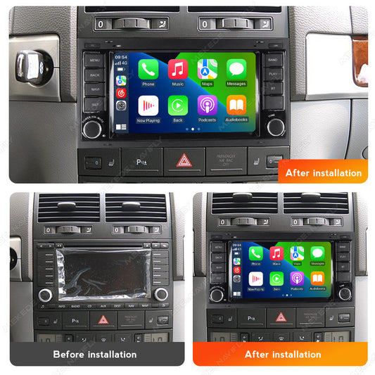 Bayern M700 7-inch touchscreen multimedia head unit with Android and CarPlay for VW Touareg 2009-2015, 8GB RAM, 128GB ROM.
