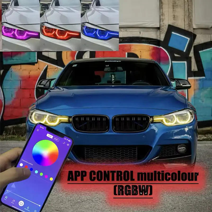 Vekto RGB LED DRL headlight modules for BMW F30/F31/F35 LCI 3 Series 2016-2019 showing colorful LED daytime running lights