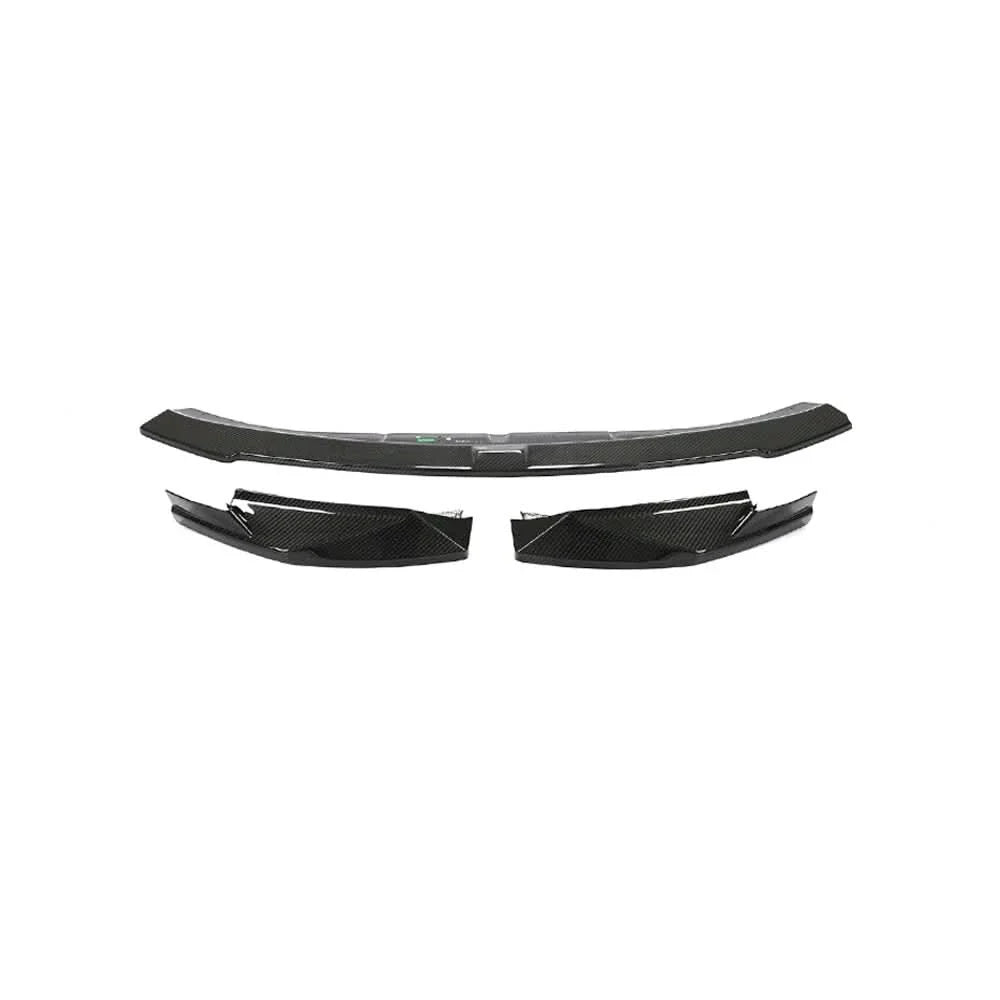 Dry carbon fiber front lip for BMW G80 M3 and G82 G83 M4, showing sleek design and glossy finish by K2 Industries.