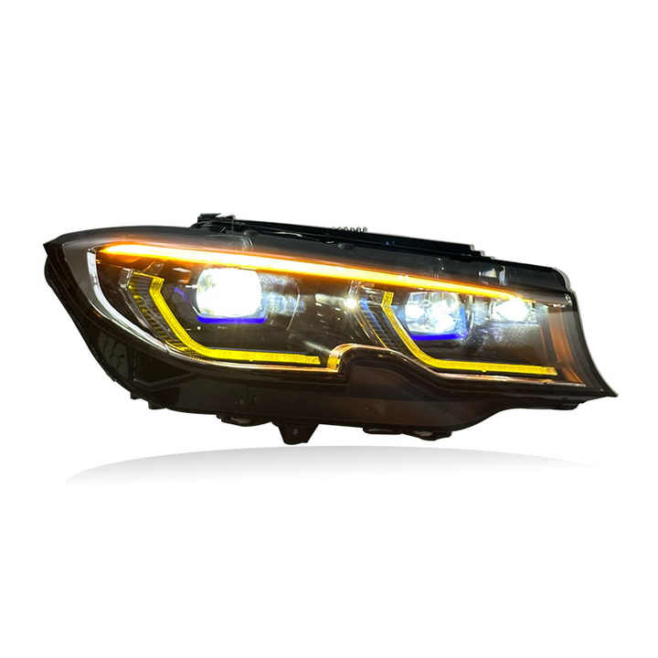 Vekto laser triple-color LED headlights for BMW 3 Series G20/G28 and M3 G80, showcasing modern headlight design and vibrant illumination