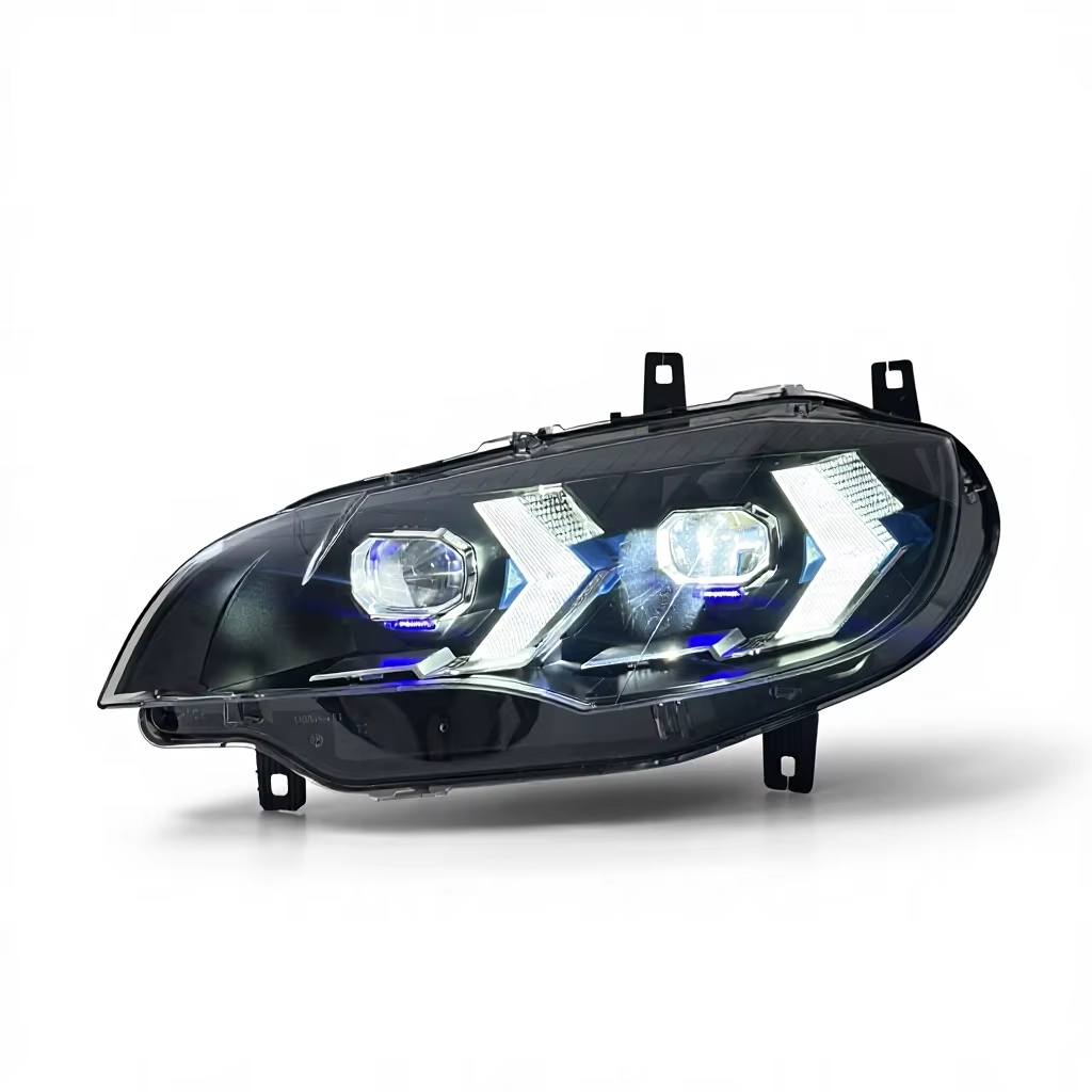 Vekto dual-color LED headlights for BMW X6 E71 2008-2014, close-up of headlight with dual-color LED lighting technology