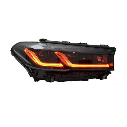 Vekto triple-color LED headlights for BMW 5 Series G30 G38 2018-2020, showing the H7 LED bulbs installed in the headlight assembly.