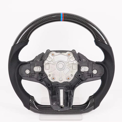 Vekto M Sport real carbon fiber LED steering wheel for BMW G20 G21 G22 G26 G28 G29 G80 G82 G83, close-up of sleek carbon fiber design