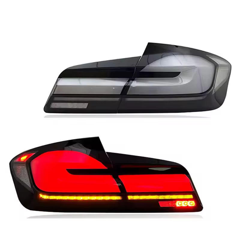 BMW 5 Series F10 F18 LED tail lights with sequential turn signals by Vekto, designed for 2011-2017 models, showing illuminated taillights.