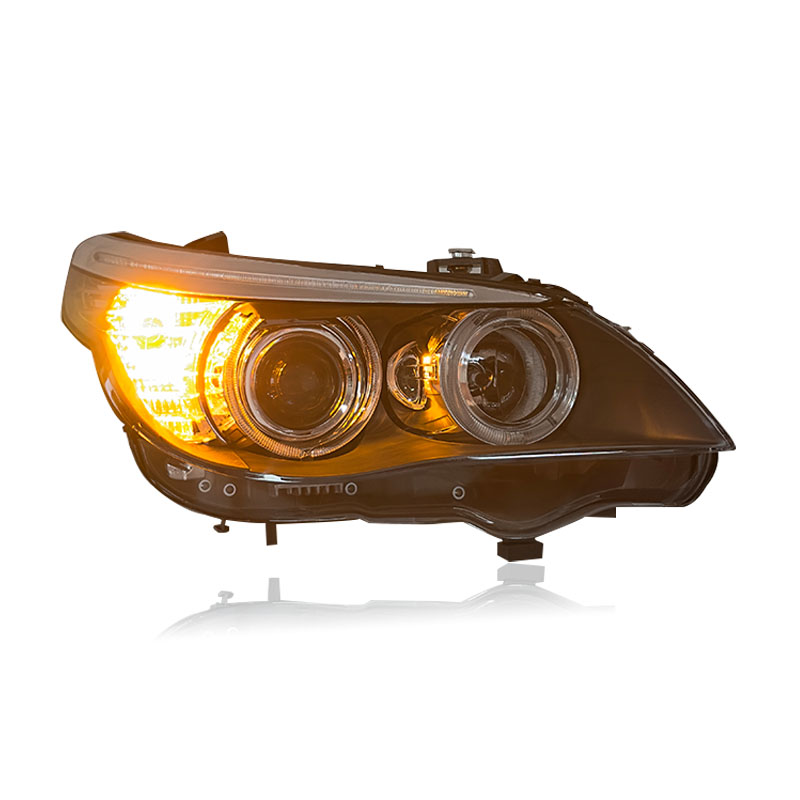 Vekto LED headlights for BMW 5 Series E60 2003-2010, close-up of headlight assembly with bright LED bulbs and clear lens
