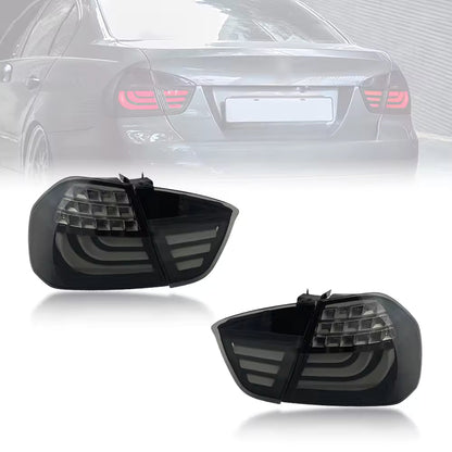 Vekto LED tail lights for BMW E90 3 Series 2005-2008, showing red and clear lens with integrated turn signals and brake lights.
