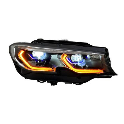Vekto laser triple-color LED headlights for BMW 3 Series G20/G28 and M3 G80, showcasing sleek headlight design with colorful LED accents.