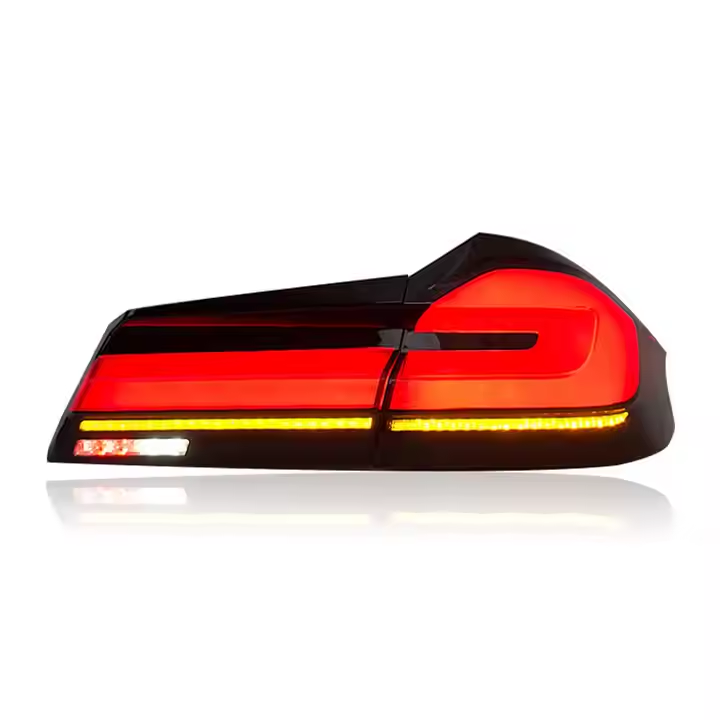 Vekto LED tail lights for BMW 5 Series G30 G38 2018-2020, showing sleek taillight assembly with illuminated red and clear lenses.