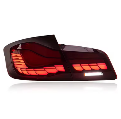 Vekto Dragon Scale LED tail lights for BMW 5 Series F10/F18 2011-2017, showcasing sleek taillight design with vibrant LED accents.