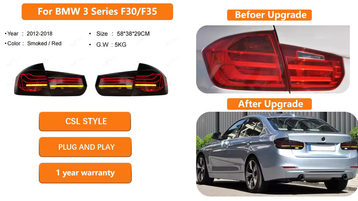 Vekto CSL style LED tail lights for BMW 3 Series F30/F35 2012-2018 showing sleek red and clear lens taillight design