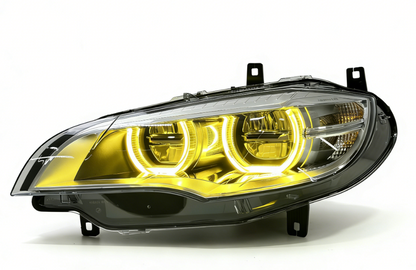 Vekto dual-color angel eye LED headlights for BMW X6 E71 2008-2014 with bright circular LED rings and sleek headlight design
