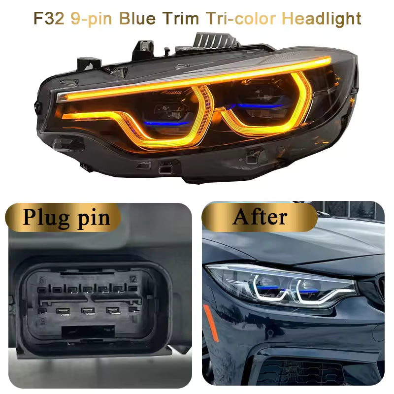Vekto V3 IKON tri-color LED headlights for BMW F32, F36, F80, F82 M3 and M4 models 2014-2020, showing the headlight design and colors.