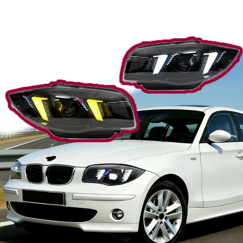 Vekto LED headlights for BMW 1 Series E81 E82 E87 2004-2011, showing bright, modern headlamp design with clear lenses.