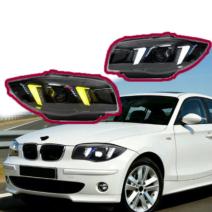 Vekto LED headlights for BMW 1 Series E81 E82 E87 2004-2011, showing bright, modern headlamp design with clear lenses.
