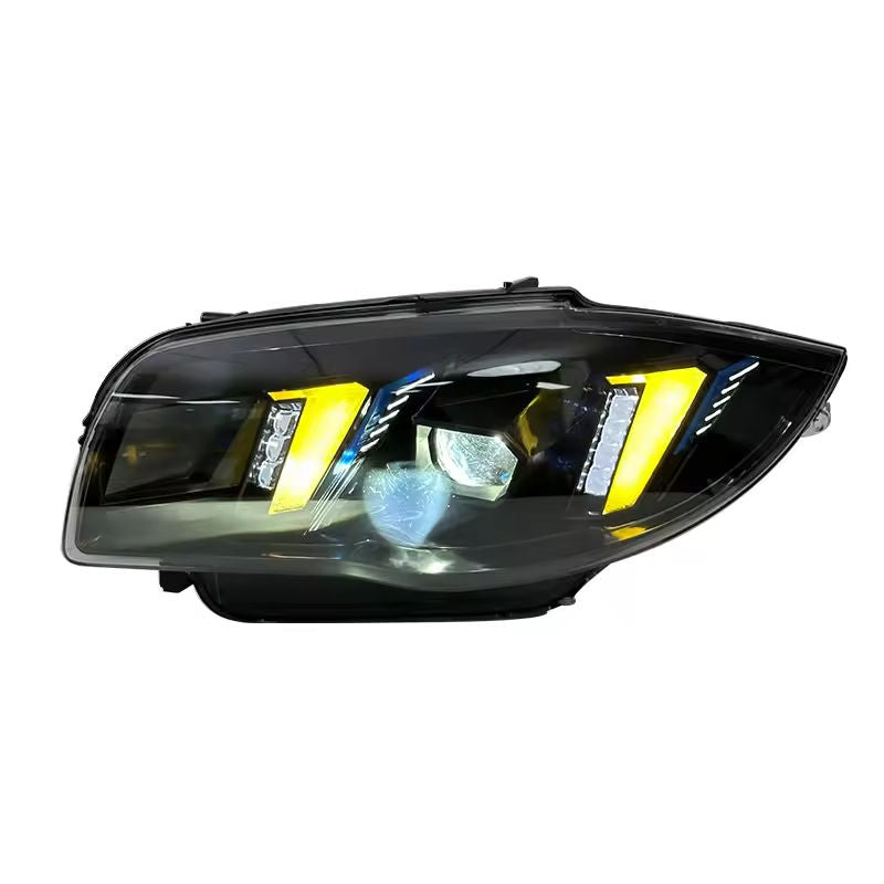 Vekto dual color LED headlights for BMW 1 Series E87 2004-2011, showing bright LED light beams and sleek headlight design.