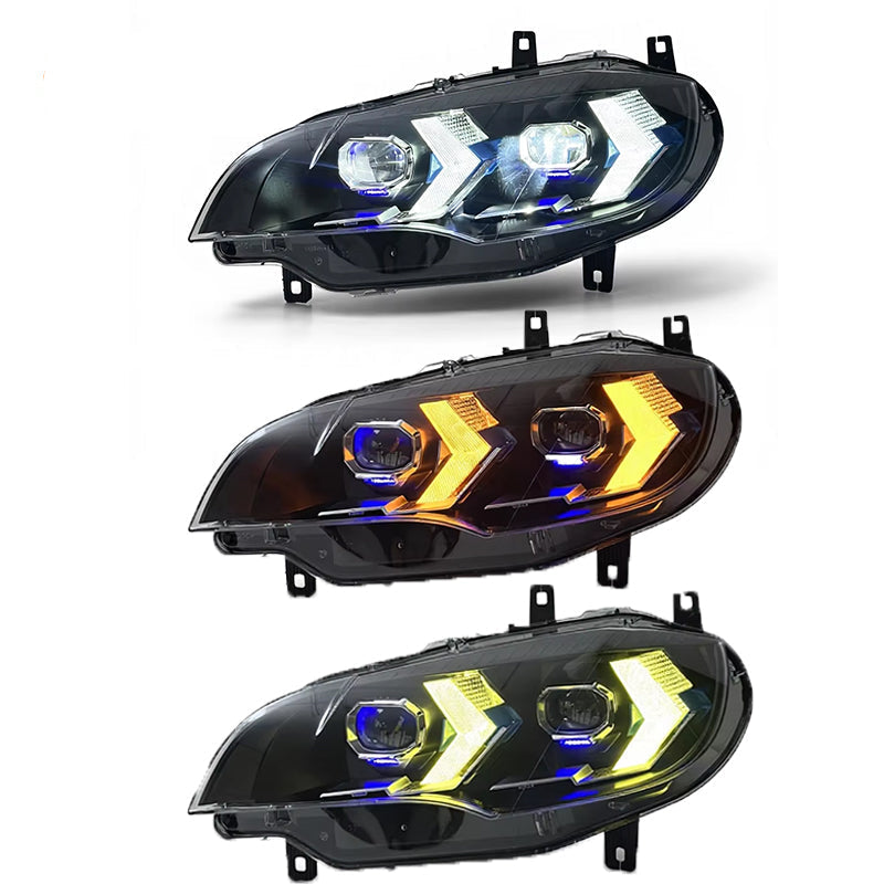 Vekto dual-color LED headlights installed on a BMW X6 E71 2008-2014, showing the bright LED light outputs and sleek headlight design.