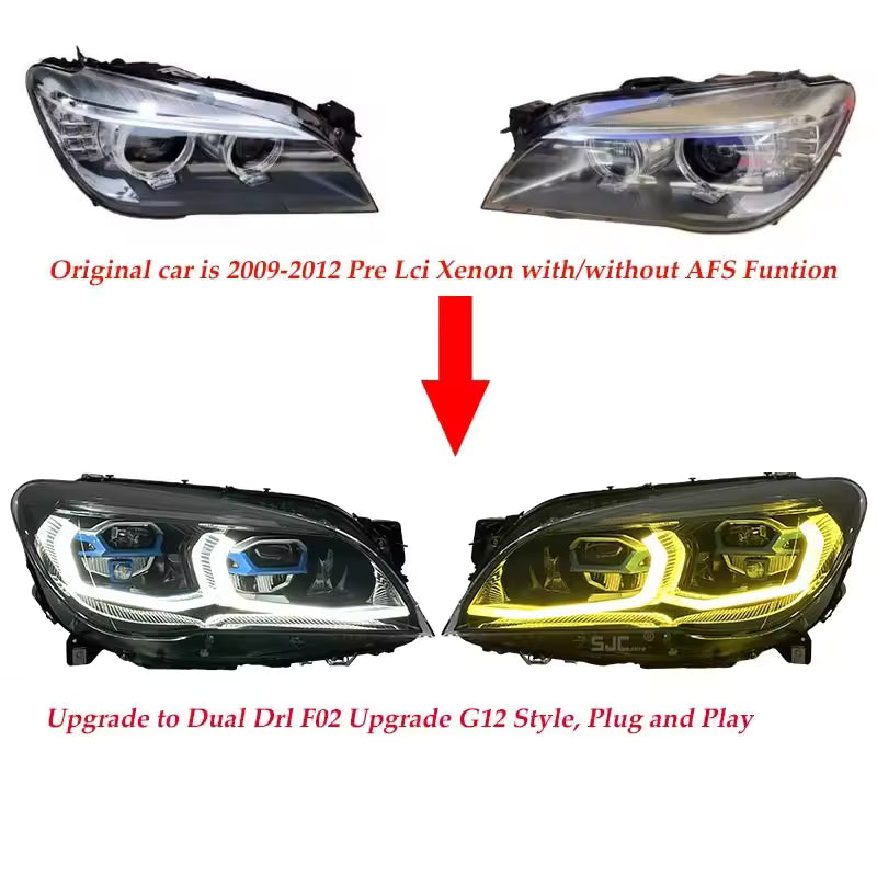 Vekto G12 Style dual-color LED headlights for BMW 7 Series F01/F02 2009-2015, showing the LED headlight design and color options.
