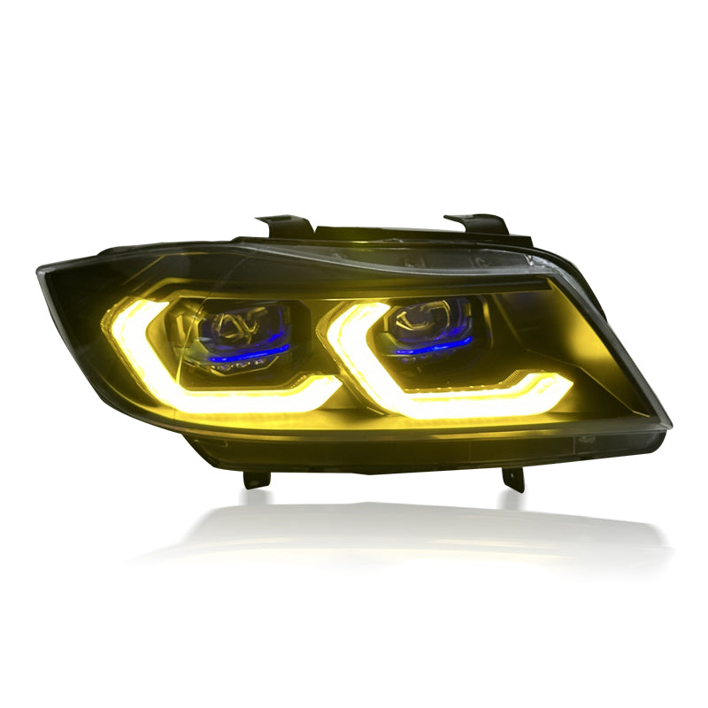 Vekto dual color LED laser headlights assembly for BMW 3 Series E90 2005-2012, showing the headlight design and color options.
