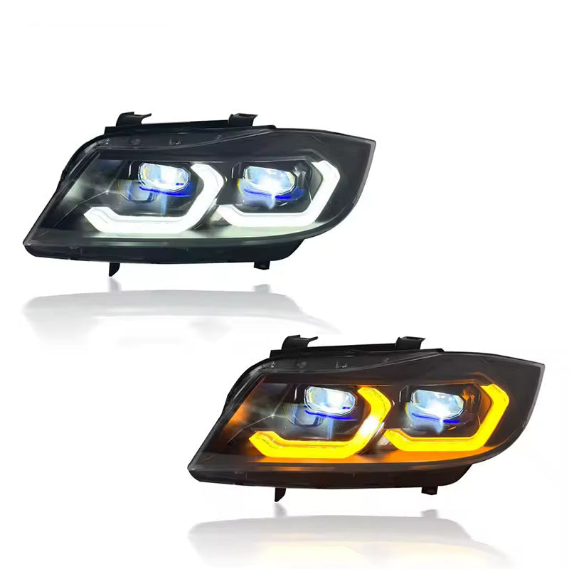 Vekto LED headlights assembly for BMW 3 Series E90 2005-2012, showing close-up of headlight unit with LED bulbs.