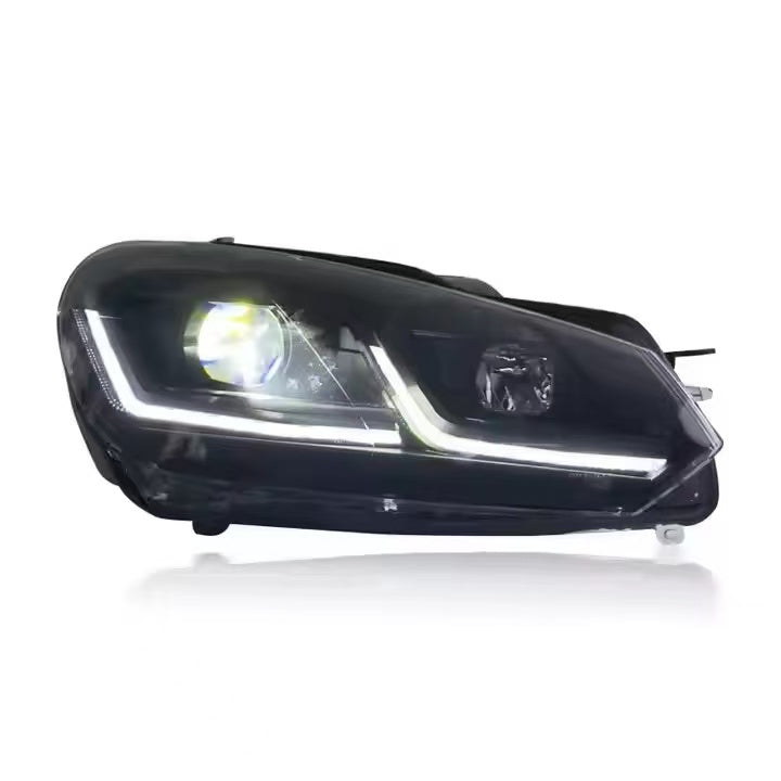Vekto LED headlights for Volkswagen Golf Mk6 2013-2017, front view showing bright LED light strips and sleek headlight design.
