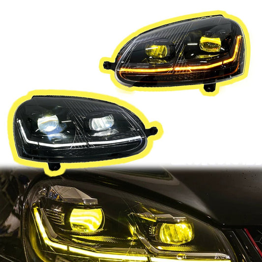 Vekto LED headlights assembly for Volkswagen Golf 5 (2003–2008), showing the front view with clear lens and LED bulbs.