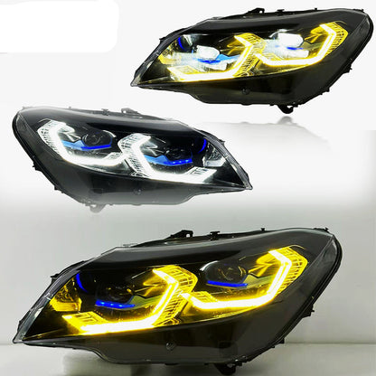 Vekto dual color LED headlights assembly for BMW Z4 E89, laser style upgrade with yellow and white DRL, plug and play installation.