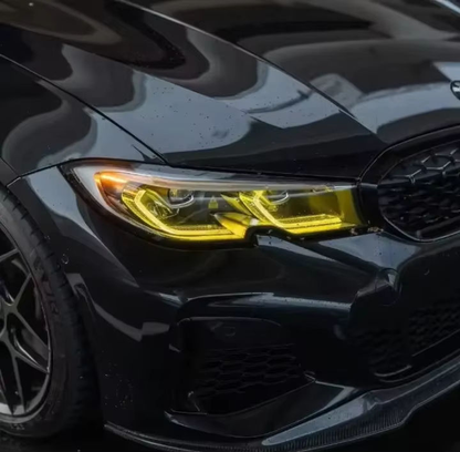 Yellow LED DRL modules with heatsinks for BMW G20 G21 G28 3 Series headlights, Vekto brand, 2020-2022.