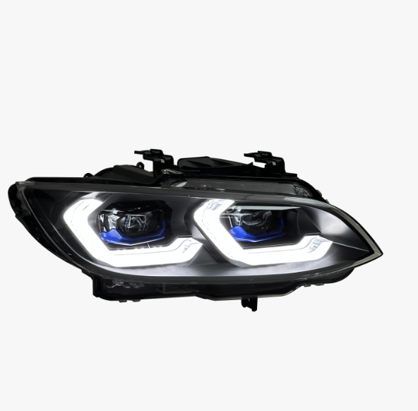 Vekto dual color LED headlight assembly for BMW M3 E92 2006-2009, front view showing bright LED lights and sleek design.
