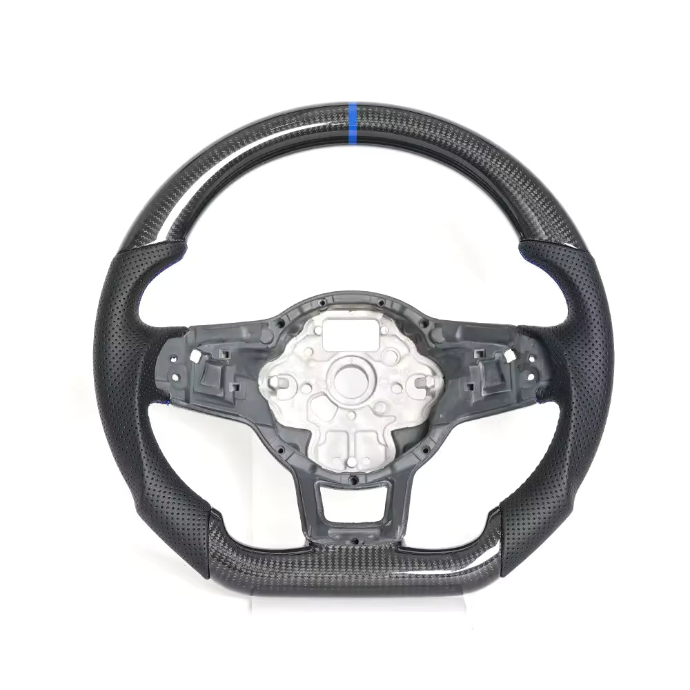 Vekto carbon fiber steering wheel for VW Golf 7 GTI R Mk7, close-up of sleek black and textured carbon fiber surface.