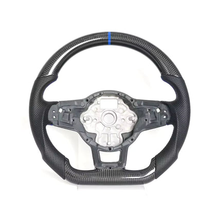 Vekto carbon fiber steering wheel for VW Golf 7 GTI R Mk7, close-up of sleek black and textured carbon fiber surface.