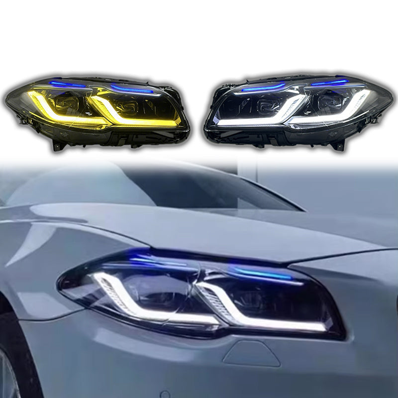 Vekto dual color LED headlights assembly for BMW 5 Series F10/F18, featuring bright LED headlight units with dual color options.