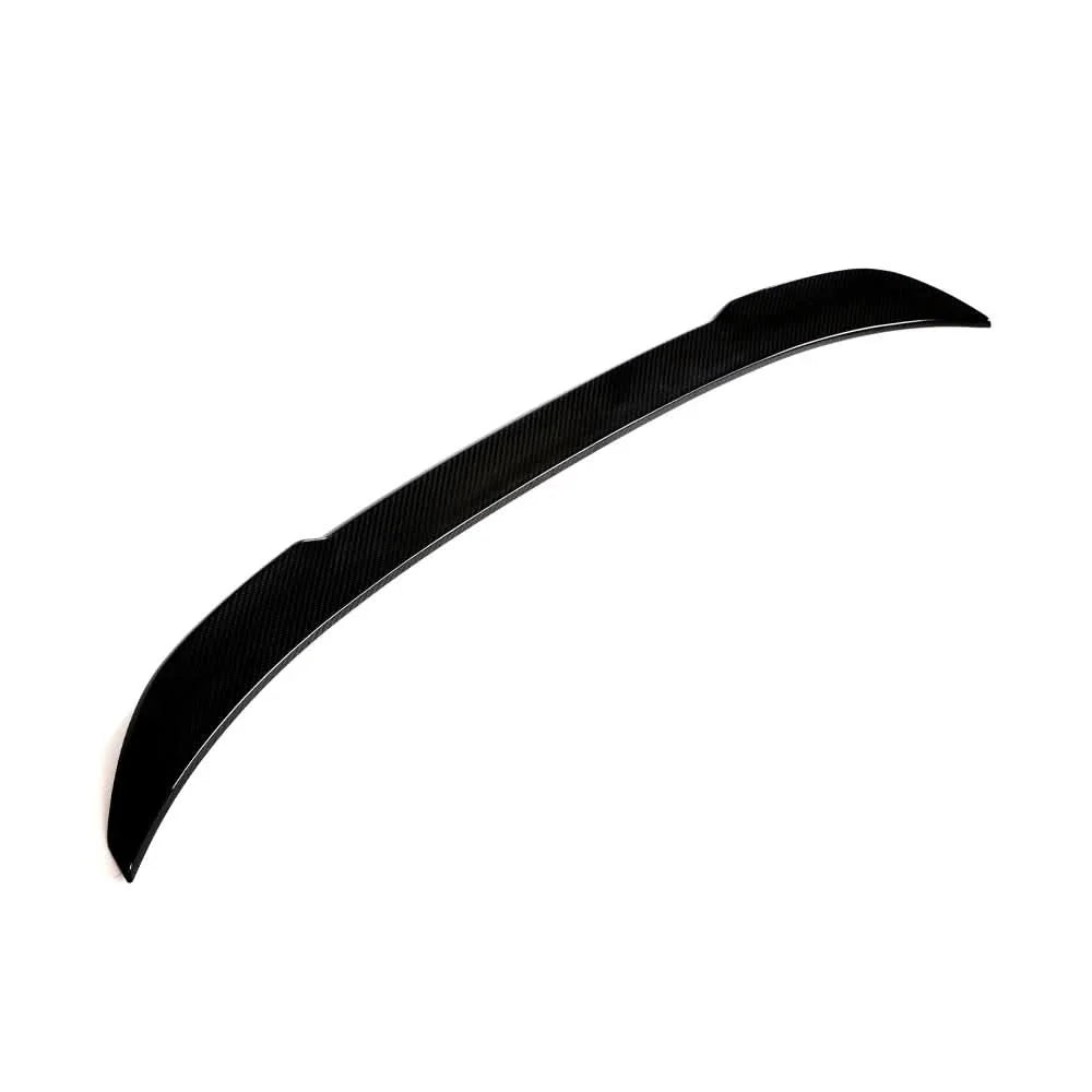 Dry carbon fiber rear trunk spoiler for BMW F30, F35 3 Series and F80 M3 from K2 Industries, sleek aerodynamic design.