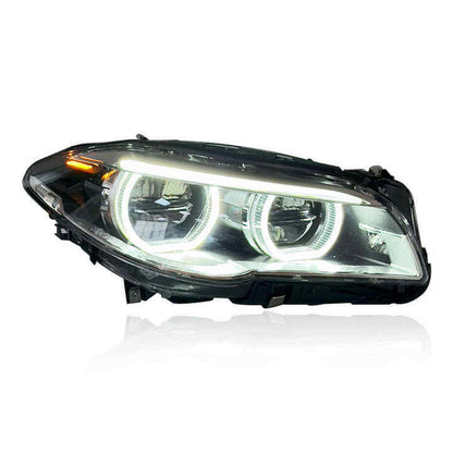 Vekto LED headlights for BMW 5 Series F10/F18 2011-2017, plug-and-play headlight assembly showing the illuminated headlamp units.