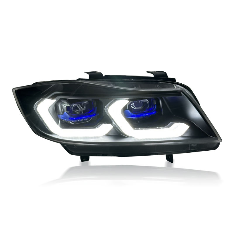 Vekto dual color LED headlights assembly for BMW 3 Series E90, showing the bright illuminated headlight with dual color LEDs.