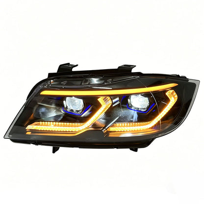 BMW E90 headlights with smoked tri-color DRL LED upgrade, Vekto brand, for 2005–2011 model with modern lighting design