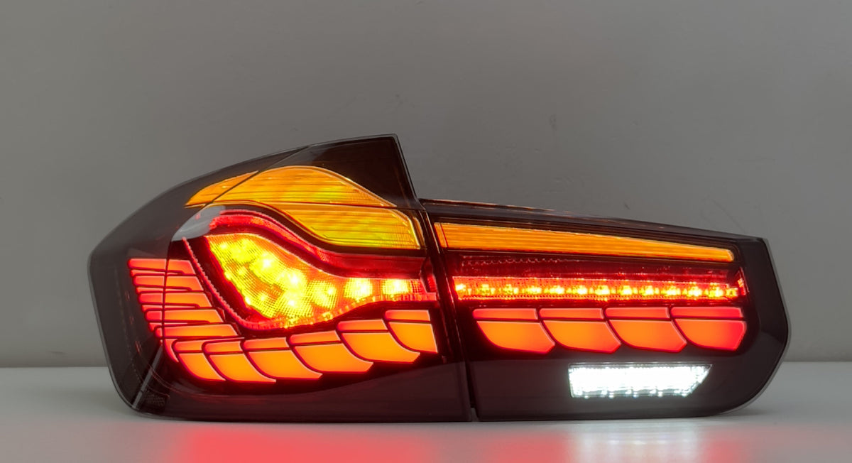 Vekto GTS Dragon Scale LED tail lights for BMW F30 F35 F80 2012-2019, showcasing intricate dragon scale design and bright LED illumination.