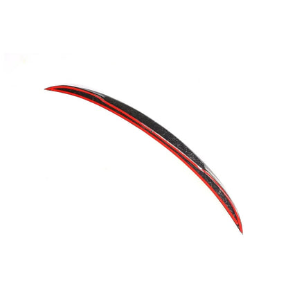 K2 Industries forged carbon fiber P-style rear trunk spoiler for BMW F30 F80 M3 sedan, showcasing sleek, glossy carbon fiber design.