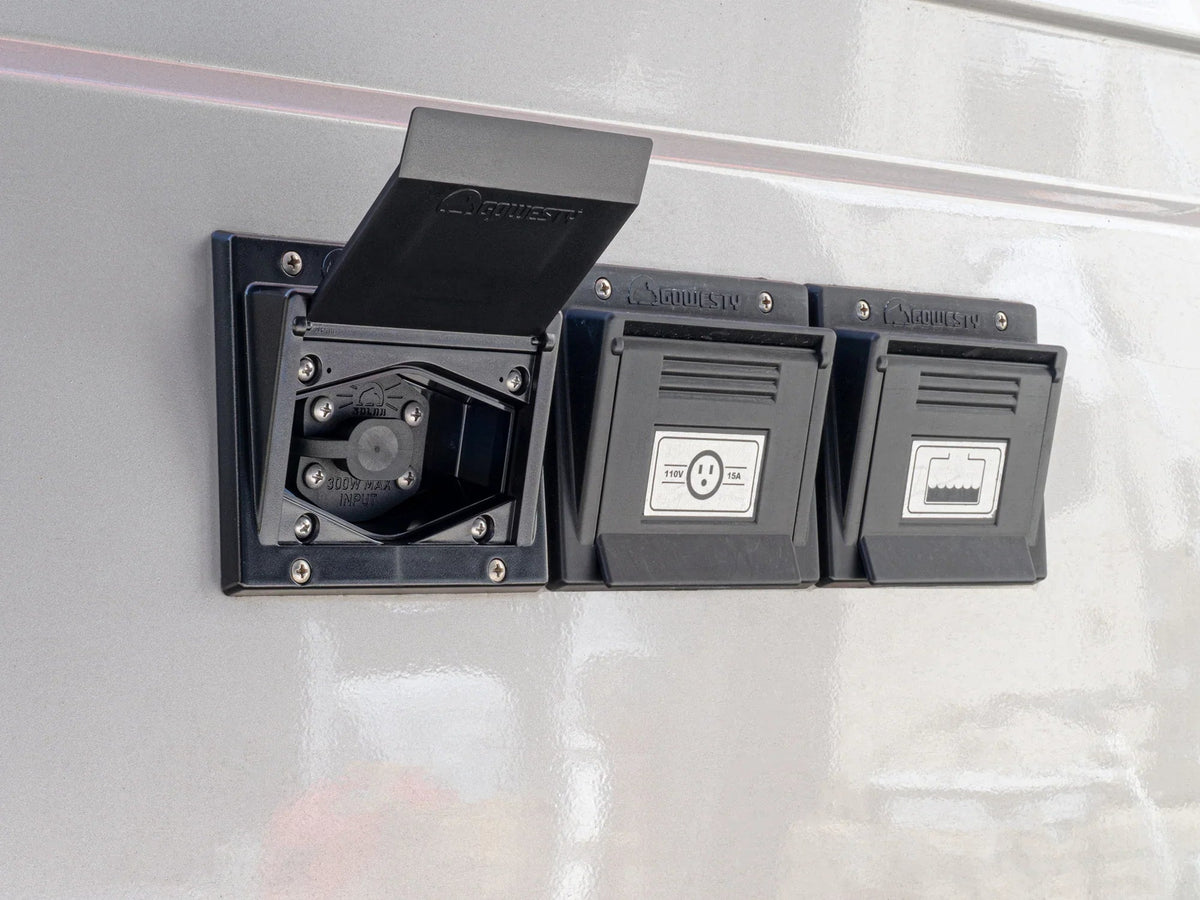 GoWesty 2-Pin SAE bulkhead connector for 12V electrical accessories, shown with wiring and mounting details.