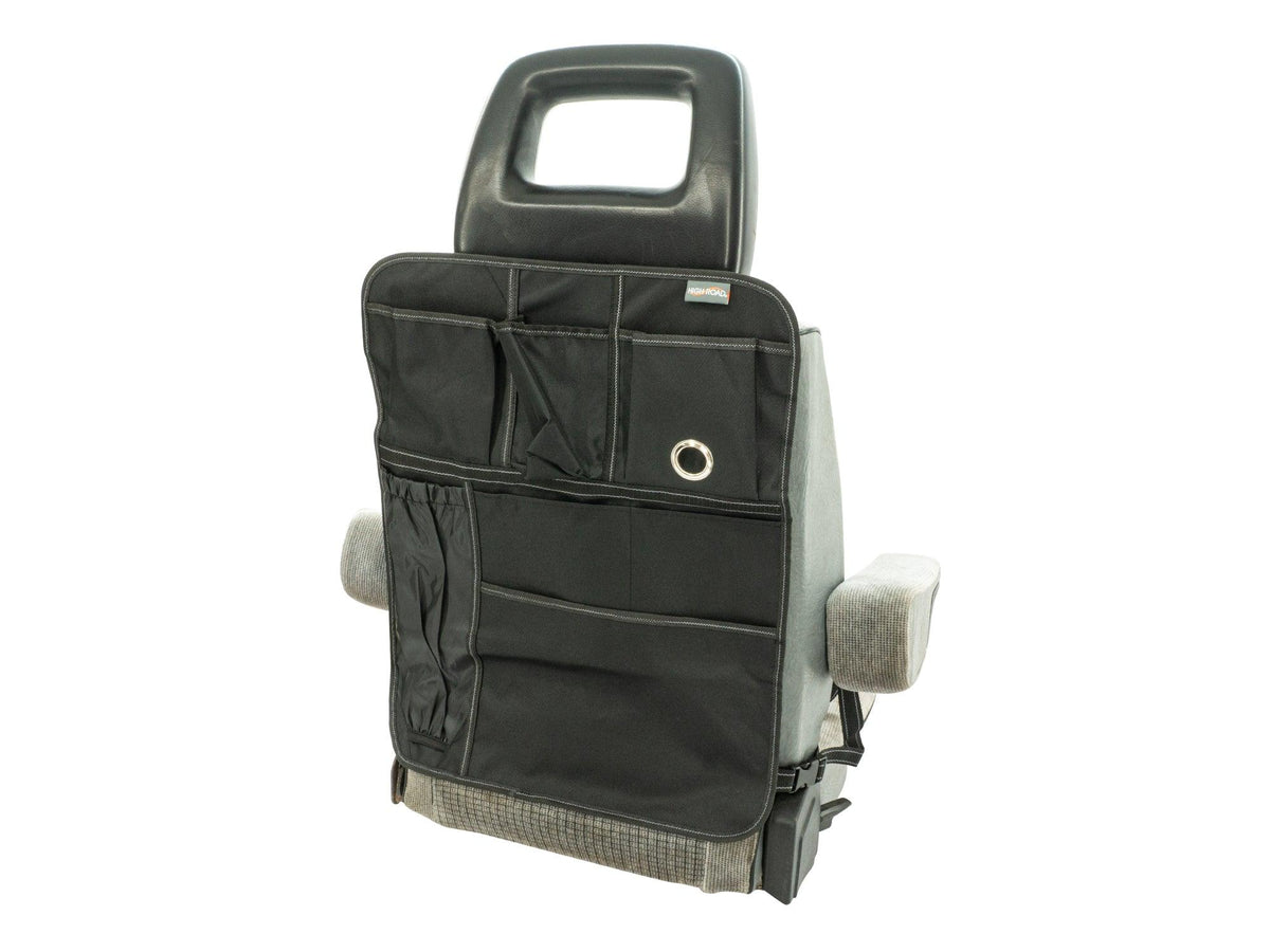 GoWesty BackPockets seatback organizer with multiple pockets for vehicle storage, shown empty on a car seatback.