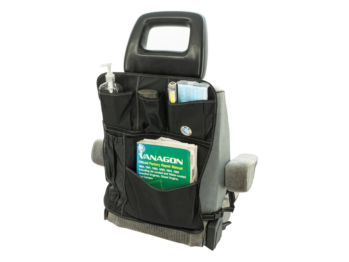 GoWesty BackPockets Seatback Organizer hanging in a vehicle, with multiple storage compartments for travel essentials.