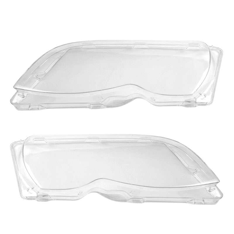 Clear headlight lens cover for BMW E46 3-series, fits 2002-2005 models, by K2 Industries, shown on a car headlamp assembly.