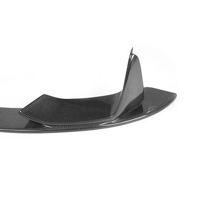 K2 Industries P-Style carbon fiber front bumper lip for BMW F32 F33 F36 F82 F83 M4 2013-2020, close-up of sleek front end.