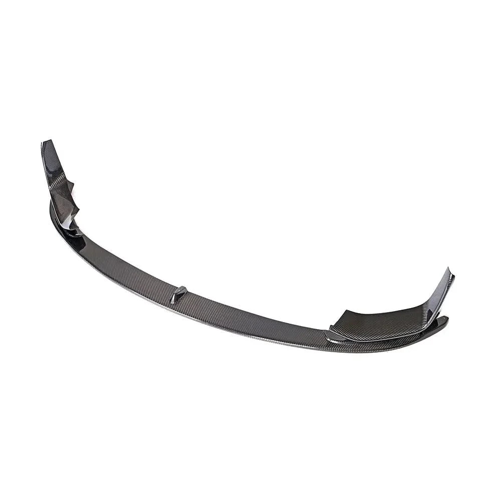 K2 Industries carbon fiber front lip splitter set for BMW F80 M3 and F82 M4, 2014-2019, showing three-piece design and sleek finish.