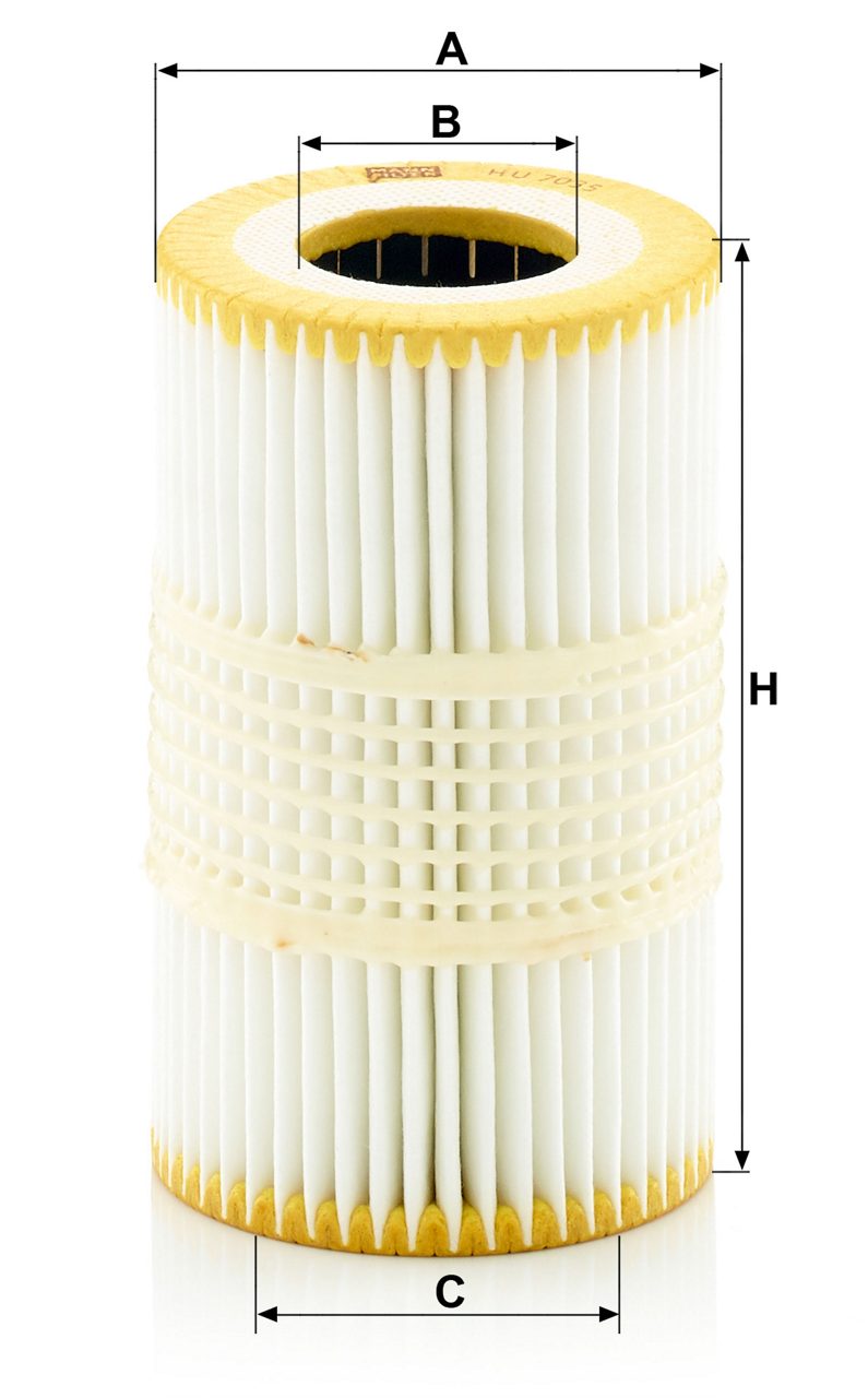 Audi VW Porsche engine oil filter HU7035Y by Mann, showing the black cylindrical filter with brand markings and part number.