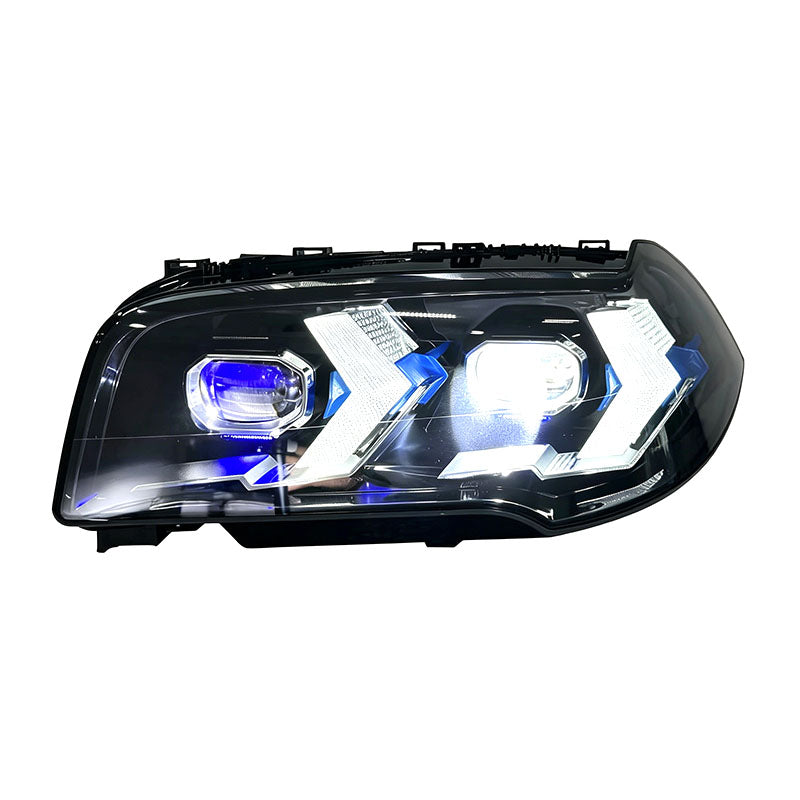 Vekto dual-color laser style LED headlights for BMW X3 E83 2006-2010, showcasing sleek headlight design with bright illumination.